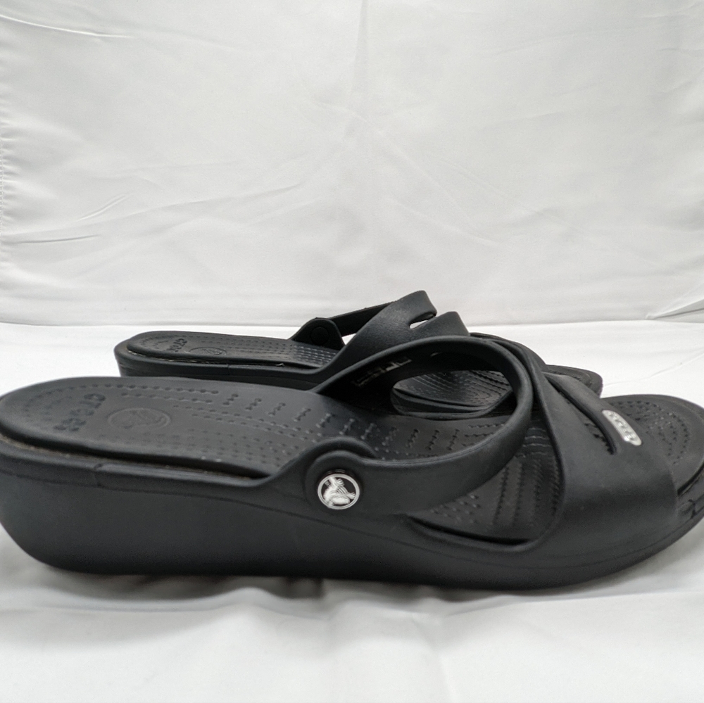 Crocs Rhonda Wedge Black Slip On Slides Sandals Shoes